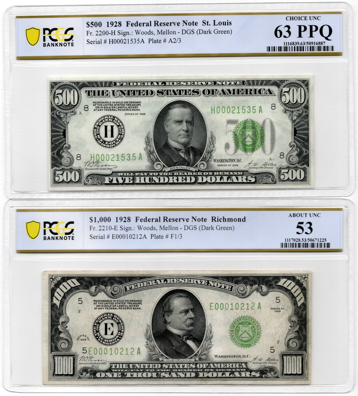 FR 2210E FR 2200H 1928 $500 and $1000 PAIR EXTREMELY RARE PCGS 63PPQ PCGS 53
