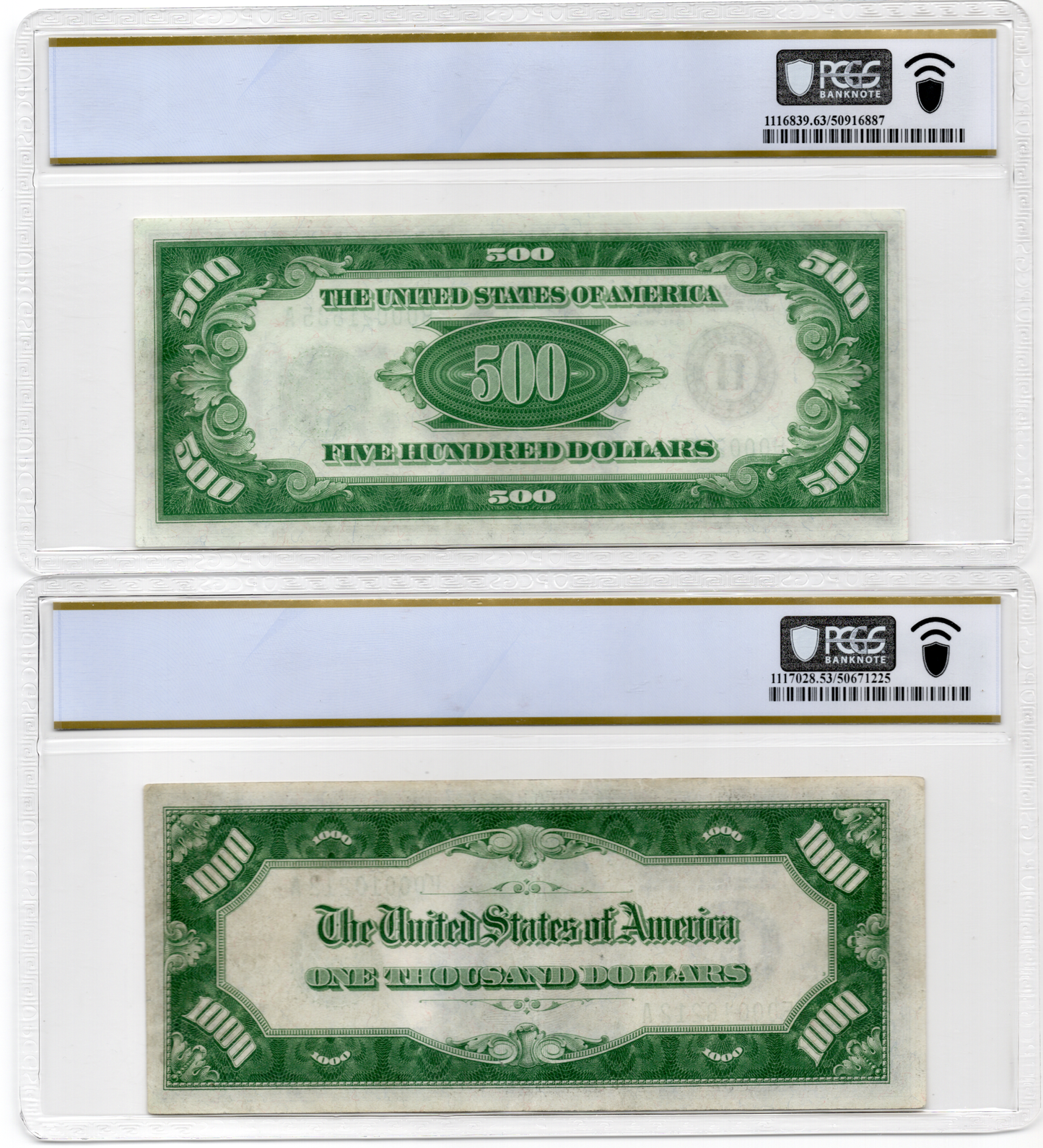 FR 2210E FR 2200H 1928 $500 and $1000 PAIR EXTREMELY RARE PCGS 63PPQ PCGS 53