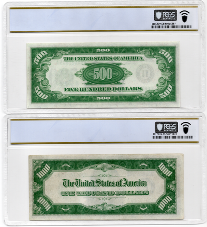 FR 2210E FR 2200H 1928 $500 and $1000 PAIR EXTREMELY RARE PCGS 63PPQ PCGS 53