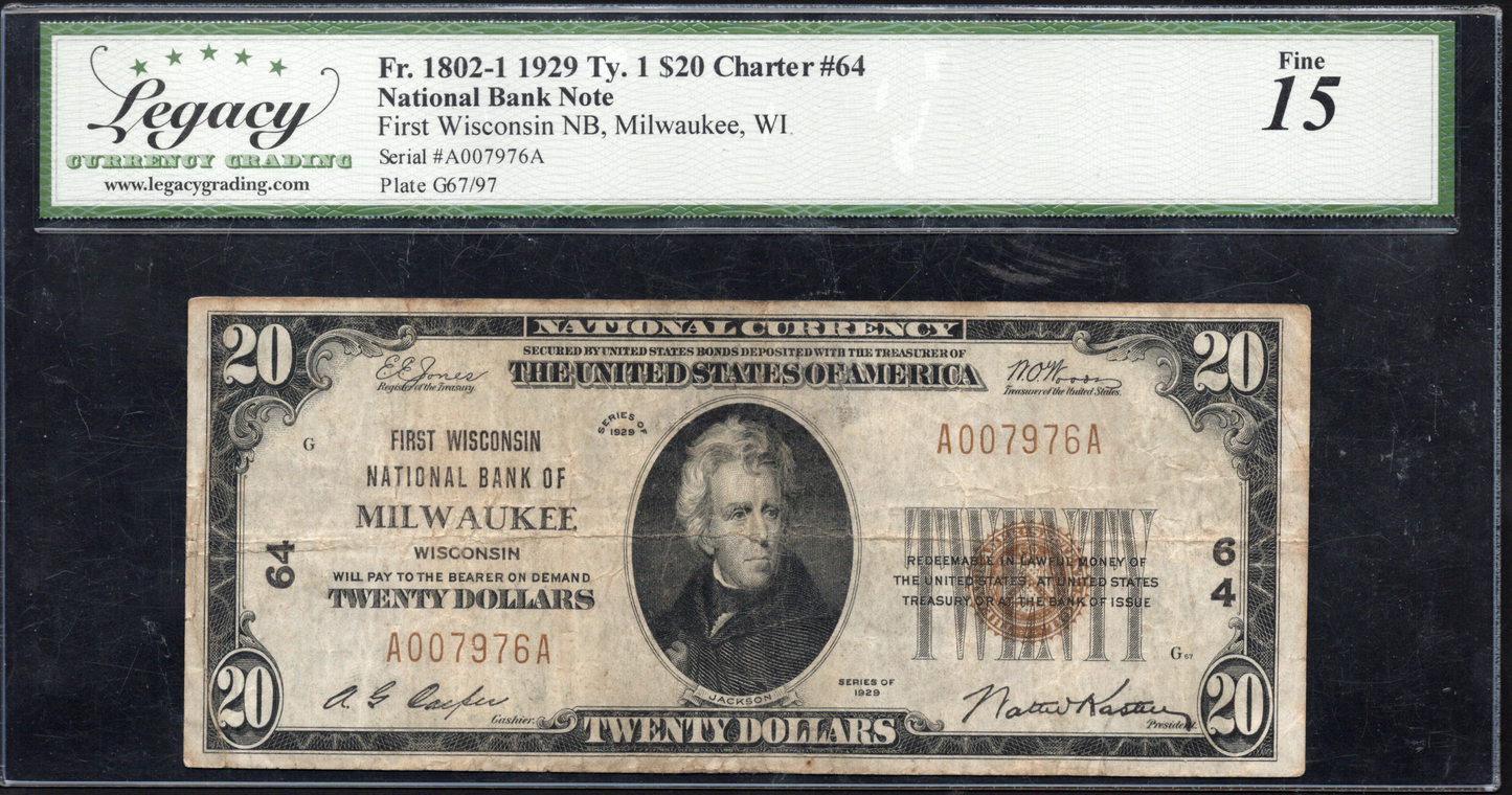 FR 1802-1 1929 $20 First Wisconsin National Bank of Milwaukee, WI CH # 64