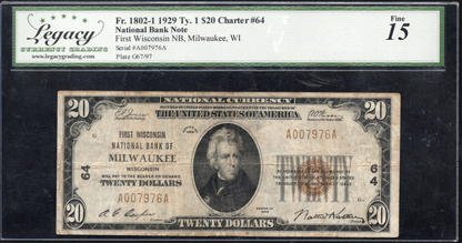 FR 1802-1 1929 $20 First Wisconsin National Bank of Milwaukee, WI CH # 64