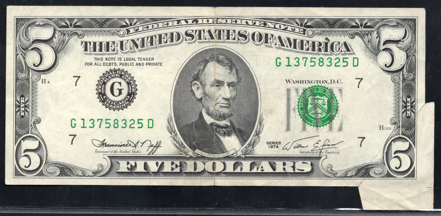 1974 $5 FRN BUTTERFLY FOLD ERROR
