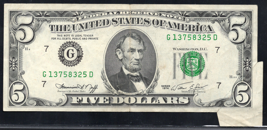 1974 $5 FRN BUTTERFLY FOLD ERROR