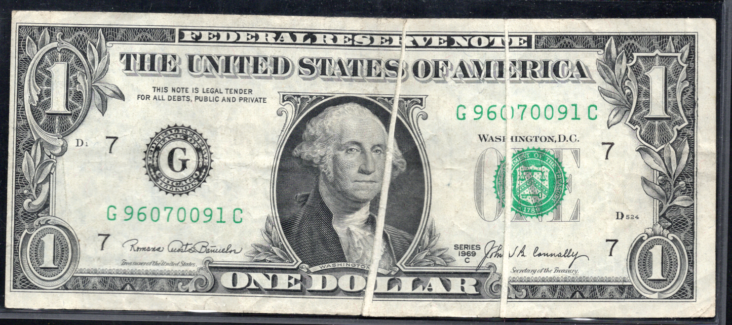 1969 $1 FRN DOUBLE GUTTER FOLD ERROR
