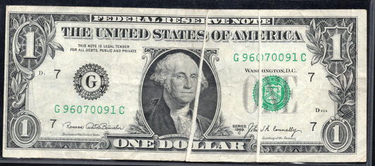 1969 $1 FRN DOUBLE GUTTER FOLD ERROR