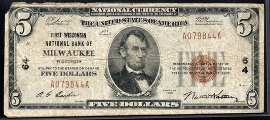 1929 $10 First Wisconsin NB of Milwaukee, Wisconsin CH # 64