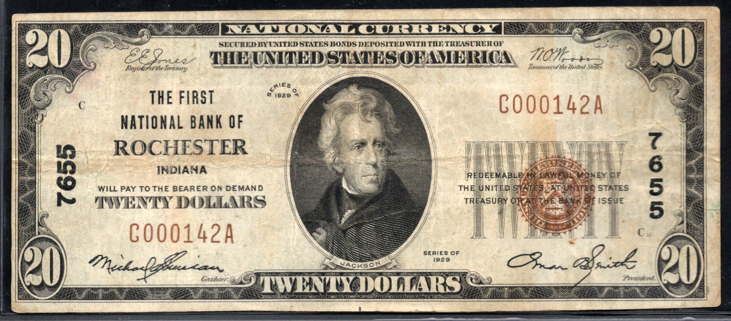 1929 $20 First NB of Rochester, Indiana CH # 7655