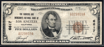 1929 $5 The Farmers and Merchants NB of Los Angeles, California CH # 6617