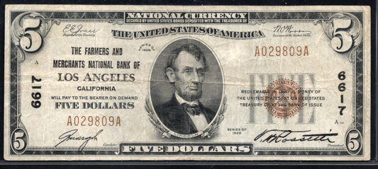 1929 $5 The Farmers and Merchants NB of Los Angeles, California CH # 6617