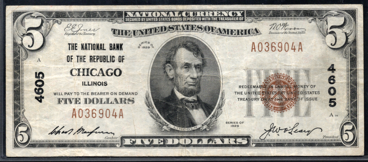 1929 $5 NB of the Republic of Chicago, Illinois CH # 4605