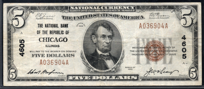 1929 $5 NB of the Republic of Chicago, Illinois CH # 4605