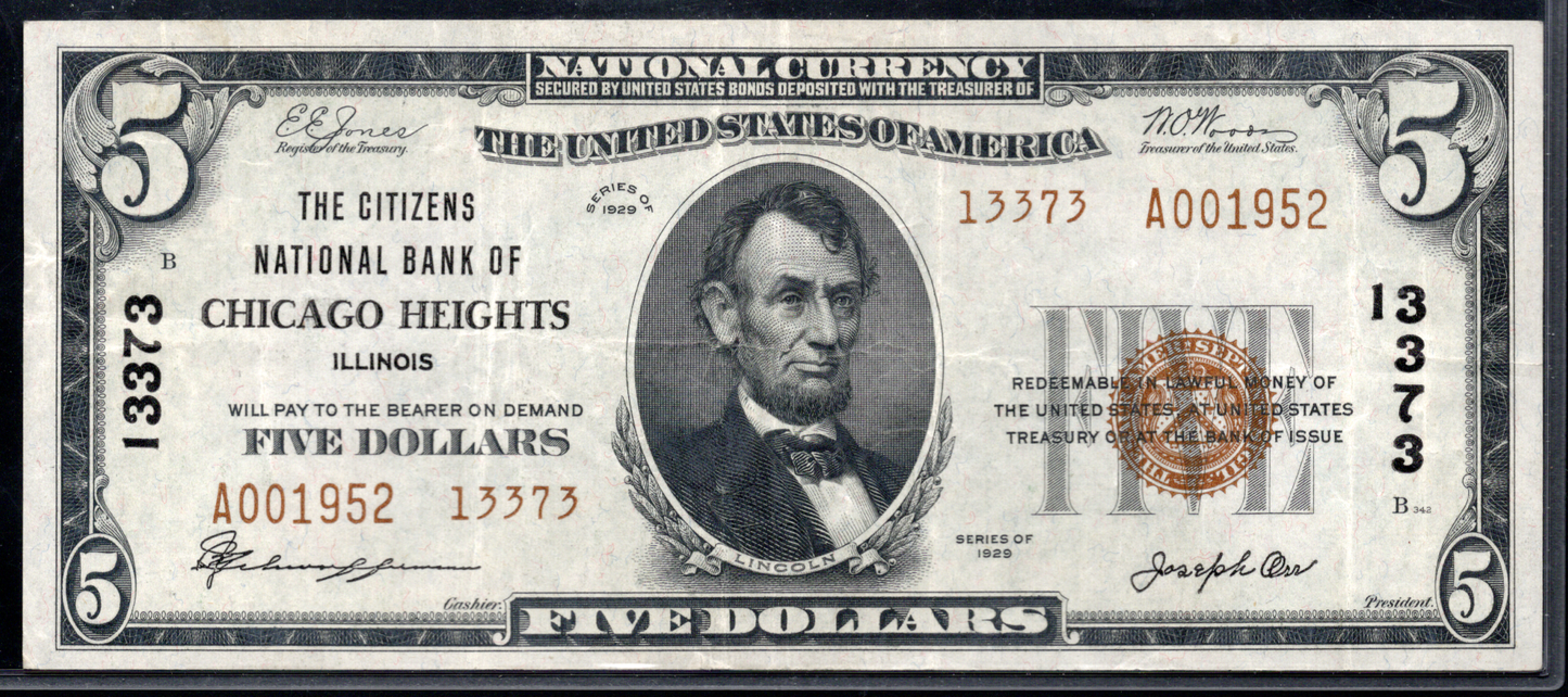 1929 $5 Citizens NB of Chicago Heights, Illinois CH # 13373 Type 2 SCARCE