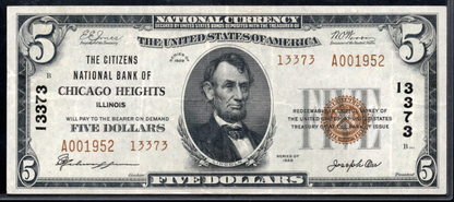 1929 $5 Citizens NB of Chicago Heights, Illinois CH # 13373 Type 2 SCARCE