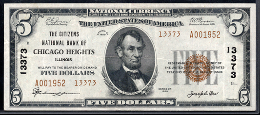 1929 $5 Citizens NB of Chicago Heights, Illinois CH # 13373 Type 2 SCARCE