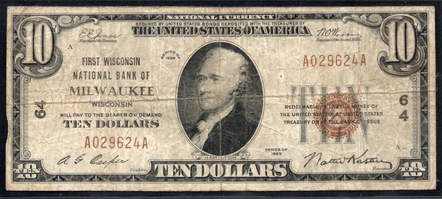 1929 $10 First Wisconsin NB Milwaukee Wisconsin CH # 64