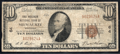 1929 $10 First Wisconsin NB Milwaukee Wisconsin CH # 64