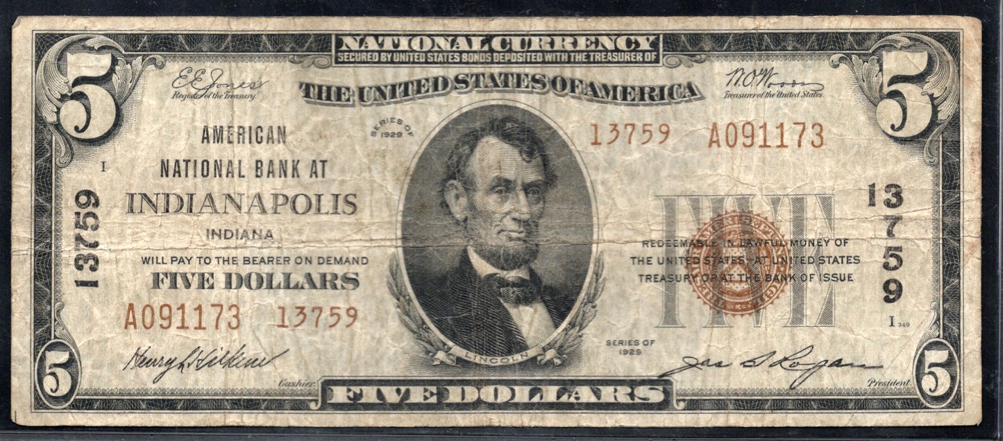 1929 $5 American NB at Indianapolis, Indiana CH # 13759 Type 2