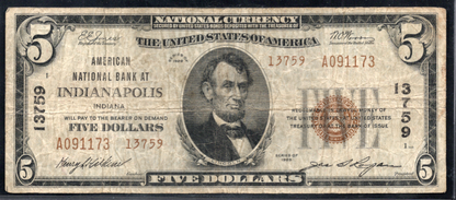 1929 $5 American NB at Indianapolis, Indiana CH # 13759 Type 2