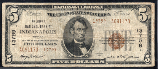 1929 $5 American NB at Indianapolis, Indiana CH # 13759 Type 2