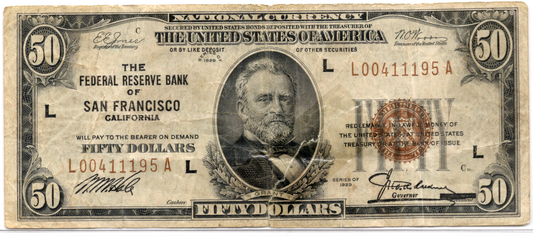 1929 $50 Federal Reserve Bank of San Francisco TEAR TAPE REPAIR