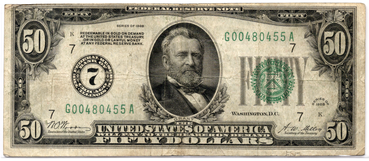 1928 $50 FRN Gold on Demand Numerical "7"