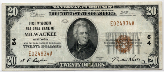 1929 $20 First Wisconsin NB Milwaukee Wisconsin CH # 64