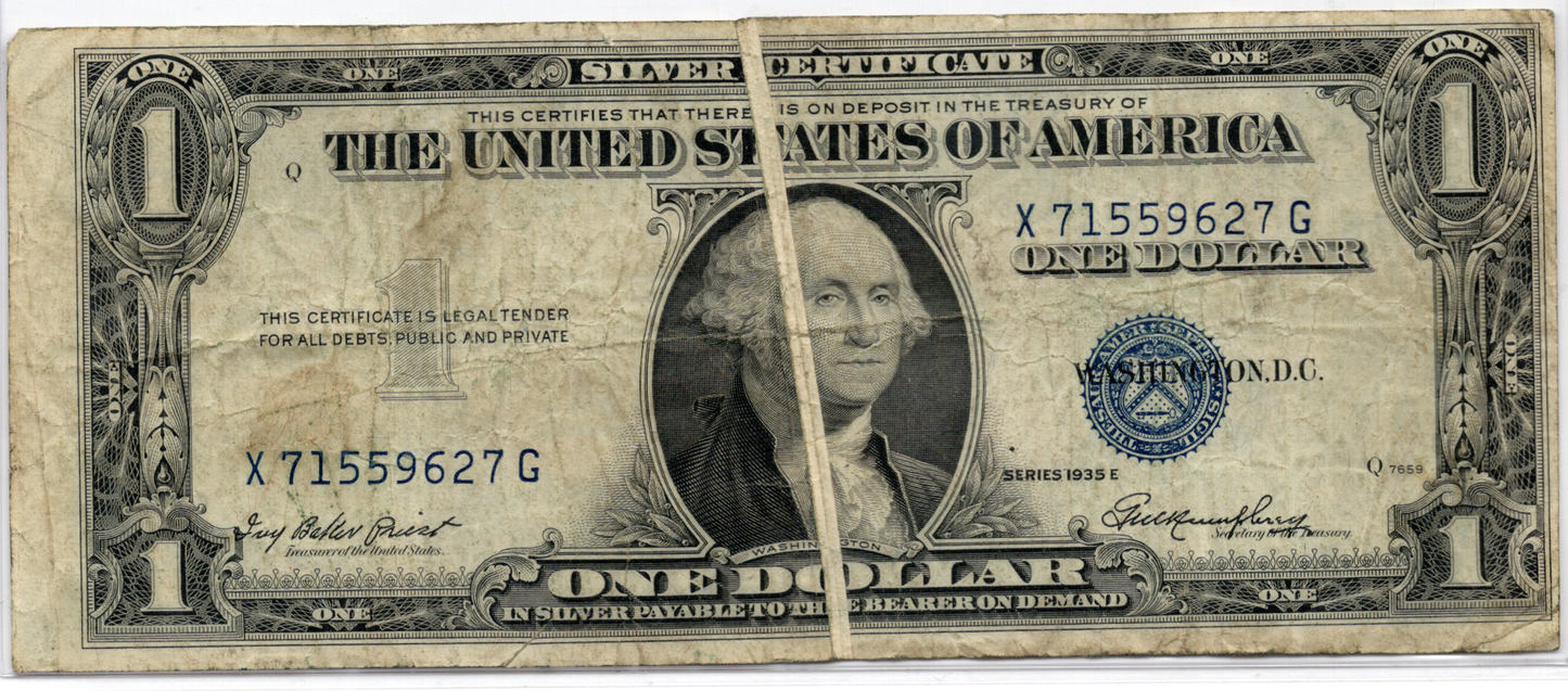 1935E $1 Silver Certificate GUTTER FOLD ERROR