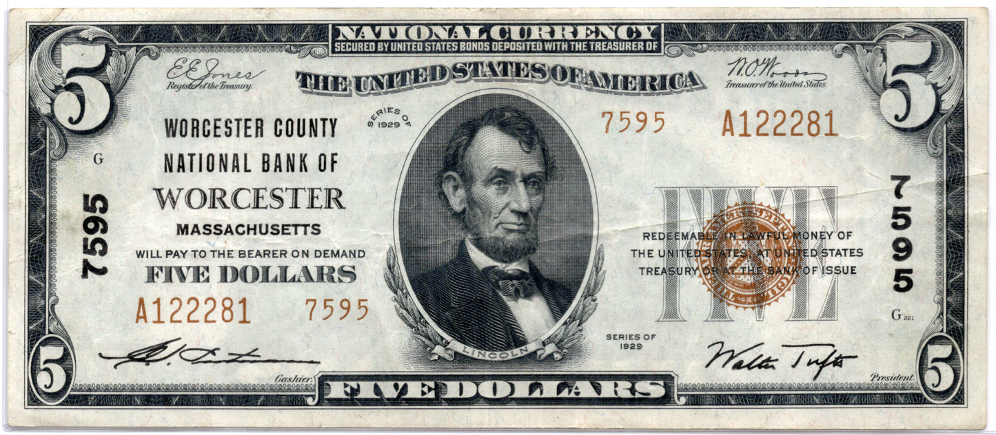 1929 $5 Worcester County NB of Worcester, Massachusetts TYPE 2 CH# 7595