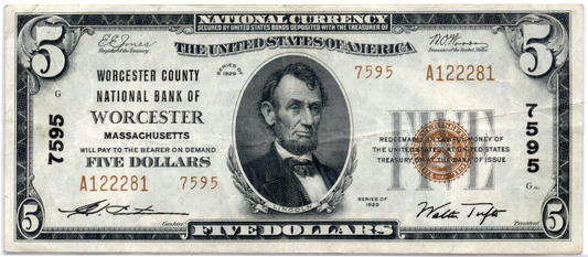 1929 $5 Worcester County NB of Worcester, Massachusetts TYPE 2 CH# 7595