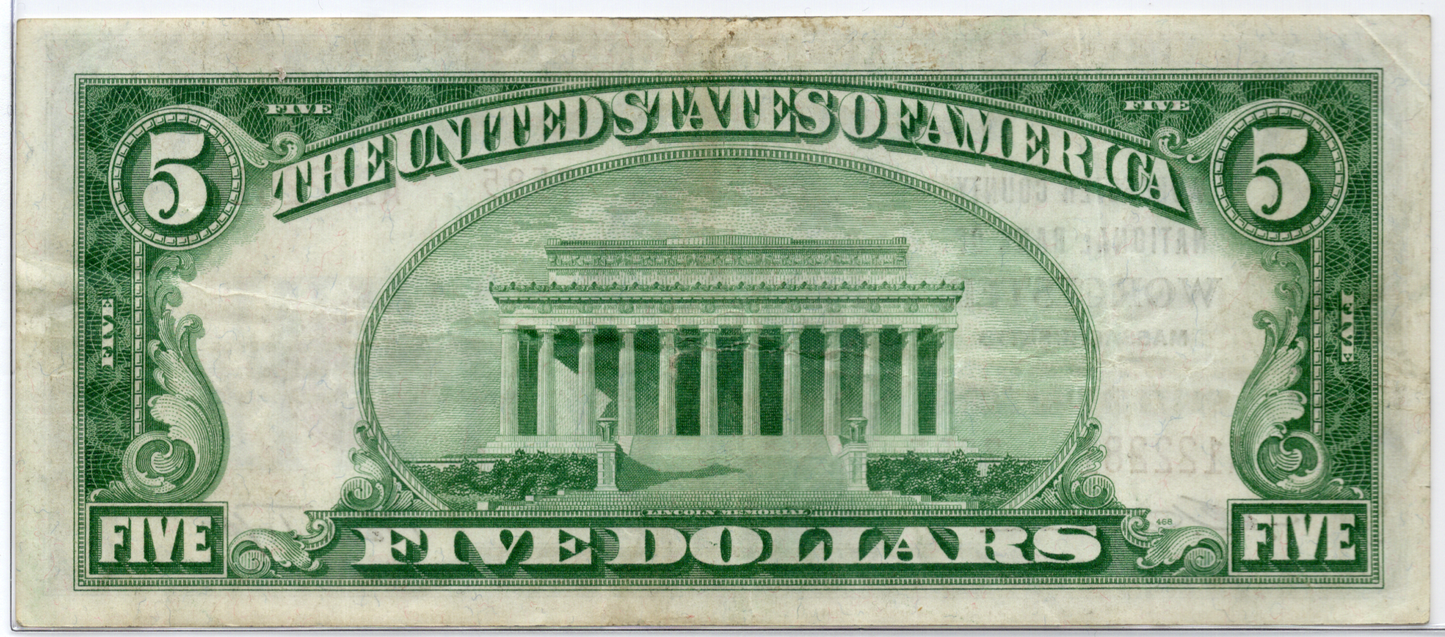 1929 $5 Worcester County NB of Worcester, Massachusetts TYPE 2 CH# 7595