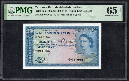 Cyprus British Administration P# 33a 1955-60  Government of Cyprus 250 Mil 65 EPQ Gem Uncirculated