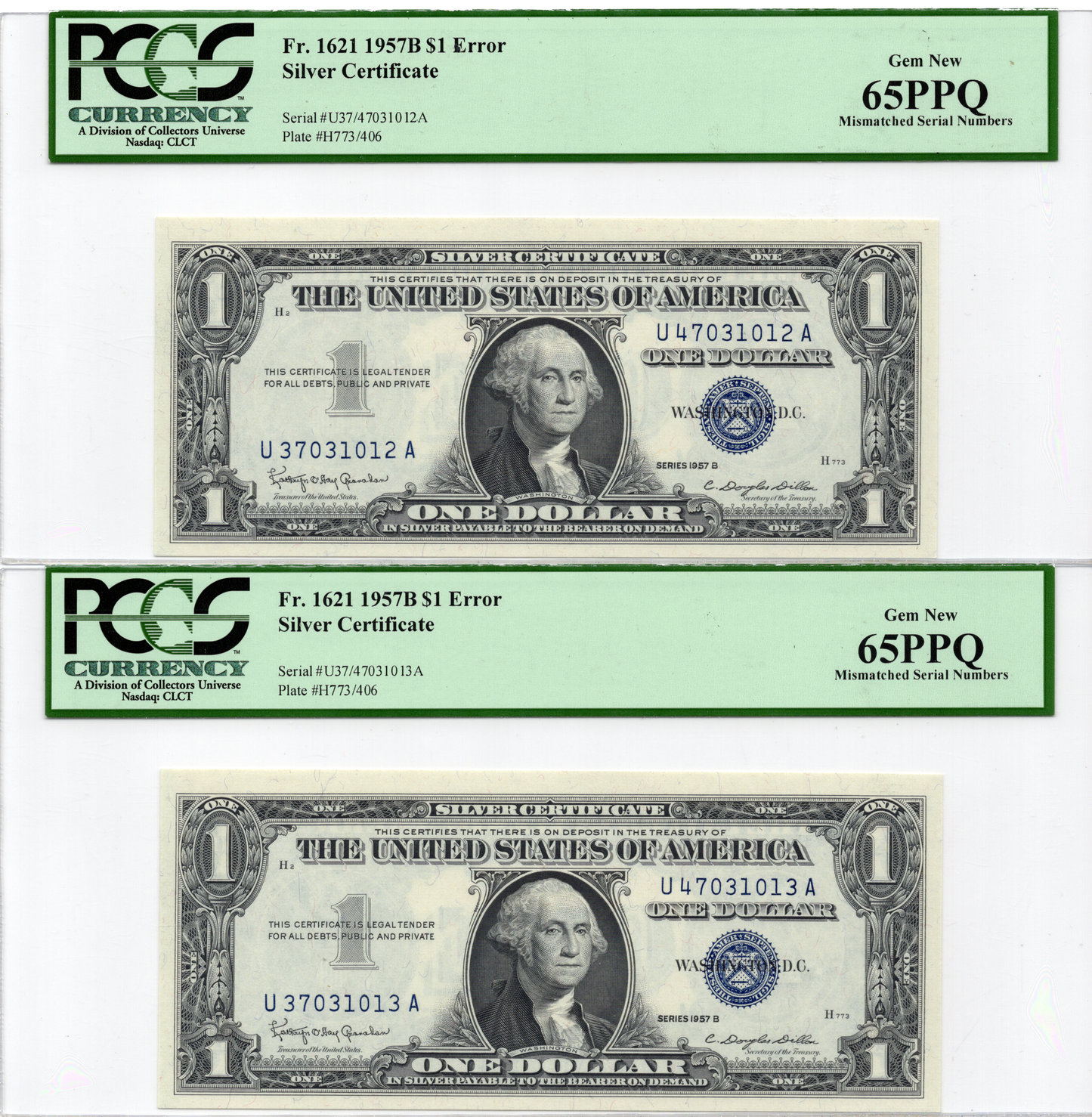FR 1621 1957B $1 MISMATCHED SERIAL NUMBER ERROR SEQUENTIAL PAIR