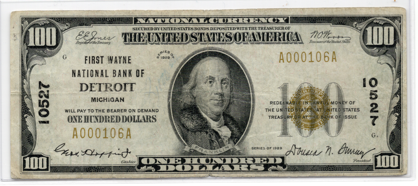 1929 $100 First Wayne NB of Detroit Michigan CH# 10527