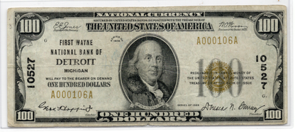 1929 $100 First Wayne NB of Detroit Michigan CH# 10527