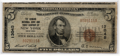 1929 $5 Seward NB and Trust New York, New York CH# 13045 MISCUT