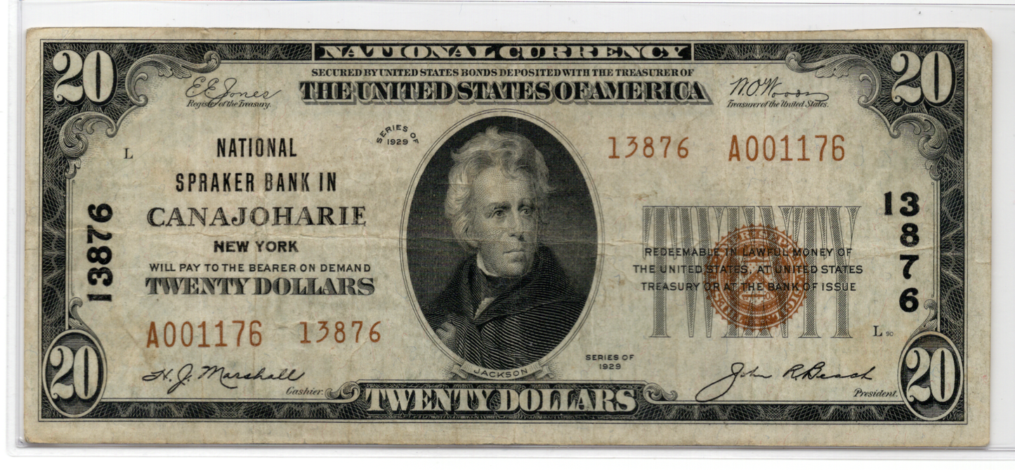 1929 $20 First National Speaker Bank of Canajoharie New York CH# 13876 Type 2