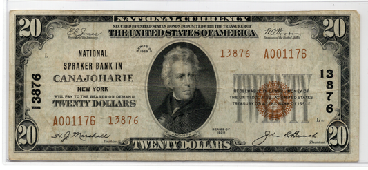 1929 $20 First National Speaker Bank of Canajoharie New York CH# 13876 Type 2