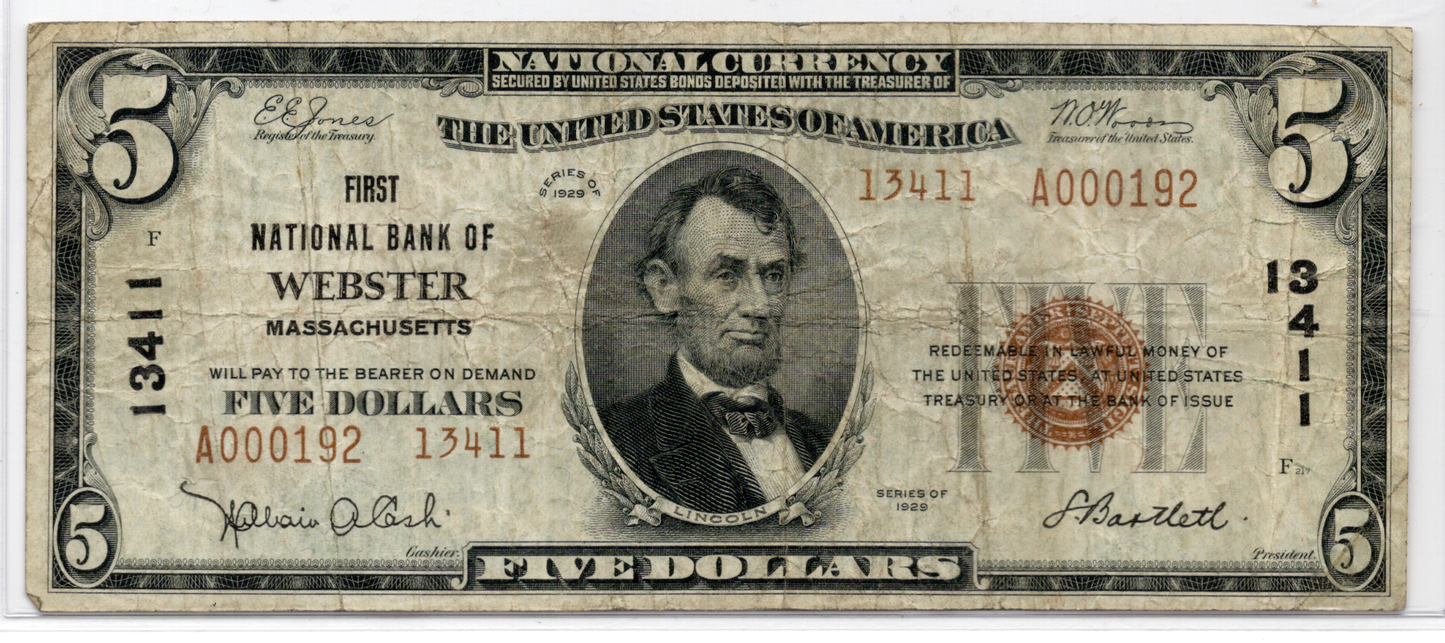 1929 $5 First NB of Webster Massachusetts CH# 13411 Type 2
