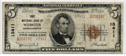 1929 $5 First NB of Webster Massachusetts CH# 13411 Type 2