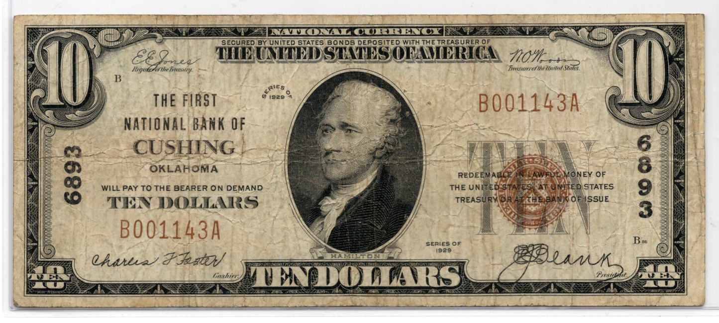 1929 $10 First NB of Cushing Oklahoma CH# 6893