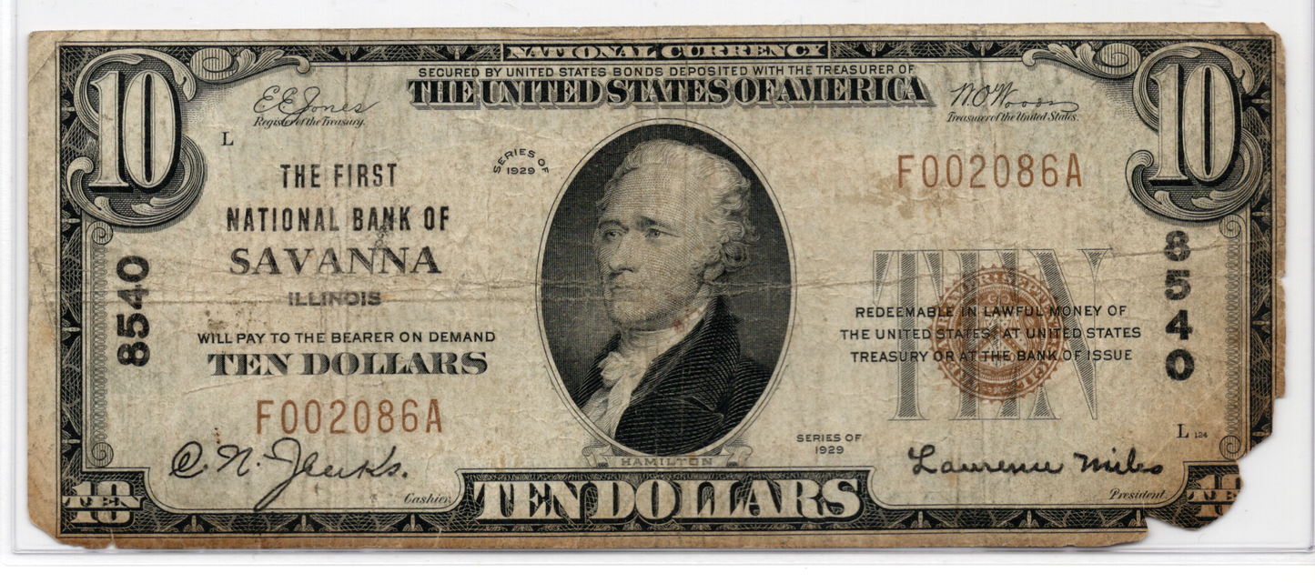 1929 $10 First NB of Savanna Illinois CH# 8540