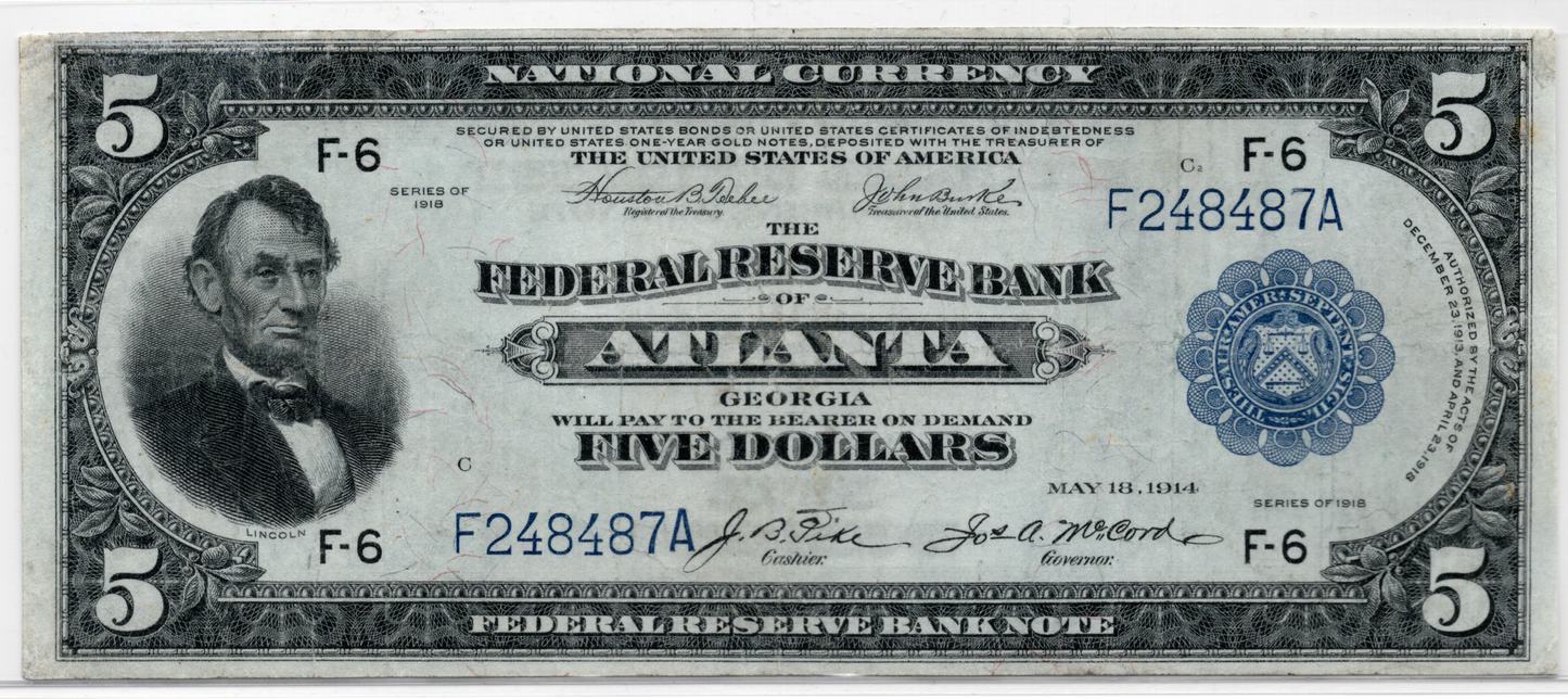 1918 $5 FRBN Atlanta