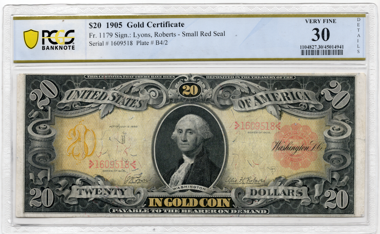 FR 1179 1905 $20 Gold Certificate TECHNICOLOR