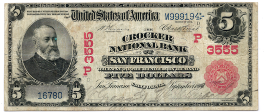 1902 $5 Crocker NB of San Francisco California RED SEAL CH# 3555