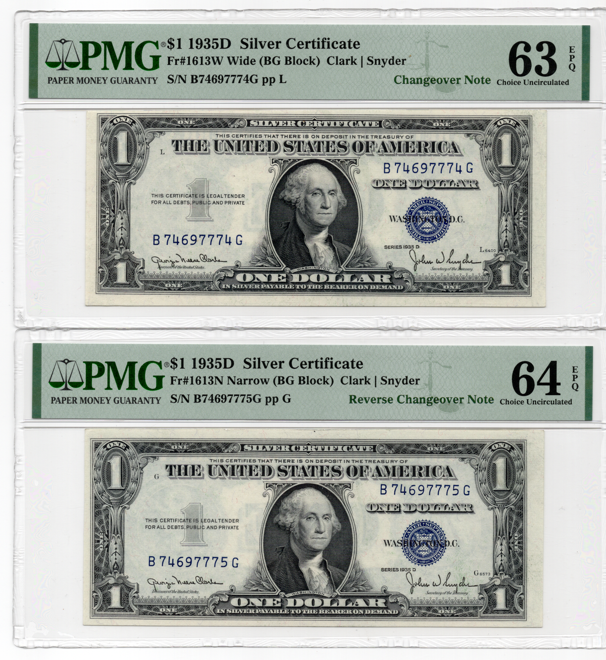 FR 1613 1935D $1 Silver Certificate CHANGEOVER CONSECUTIVE PAIR