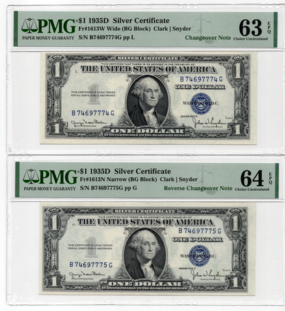FR 1613 1935D $1 Silver Certificate CHANGEOVER CONSECUTIVE PAIR