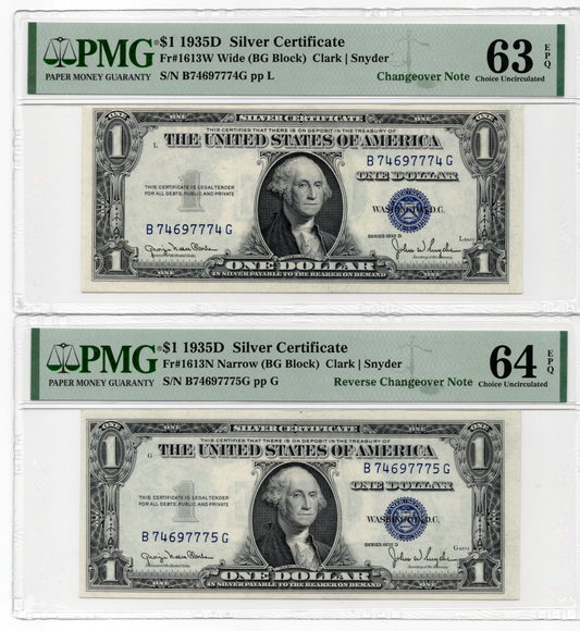 FR 1613 1935D $1 Silver Certificate CHANGEOVER CONSECUTIVE PAIR
