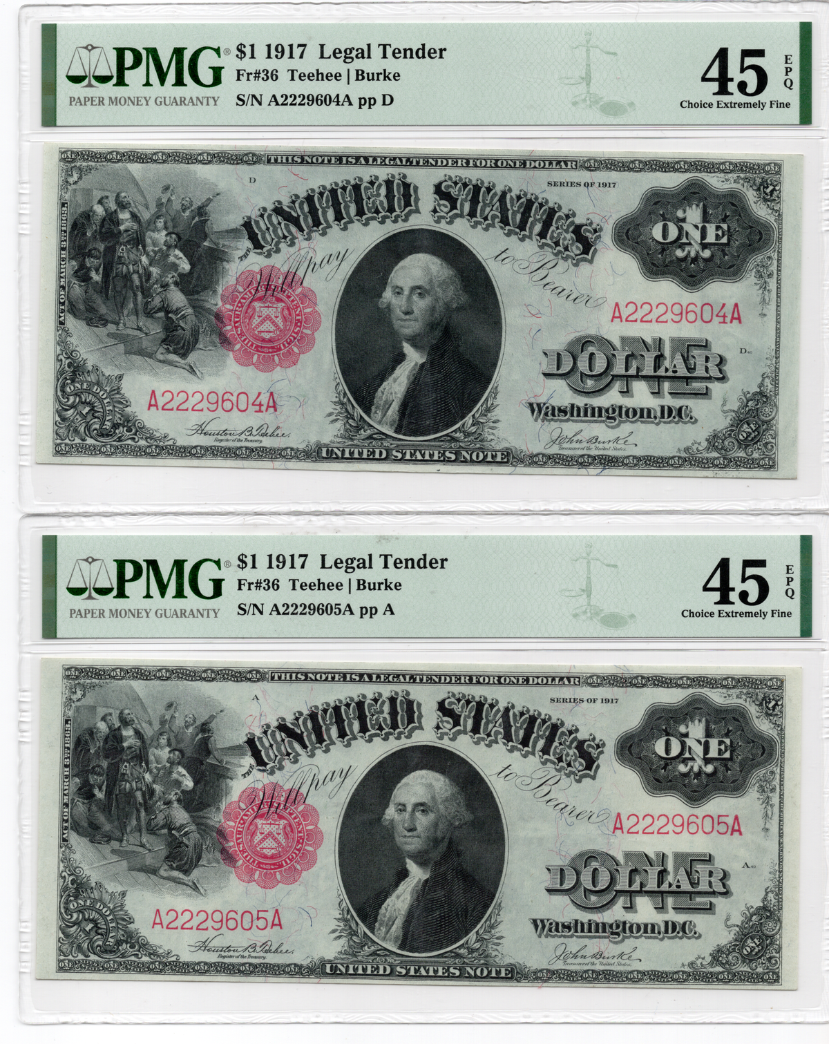FR 36 1917 $1 Legal Tender CONSECUTIVE PAIR