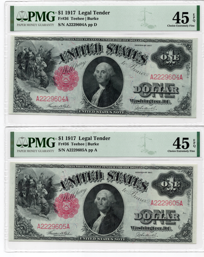 FR 36 1917 $1 Legal Tender CONSECUTIVE PAIR
