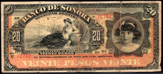 Mexico 1897-1911 Banco De Sonora 20 Pesos